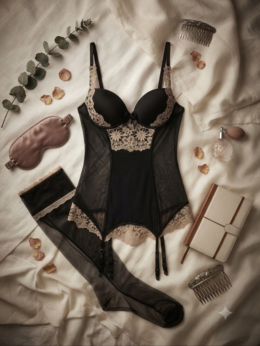 Victoria's Secret Black Tan Lace Trim Push Up Bra Top Slip Dress Lingerie